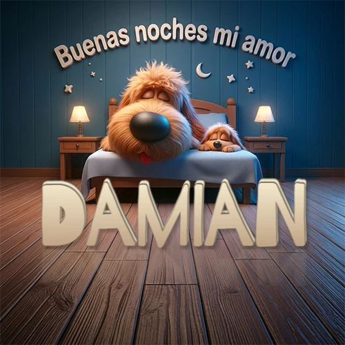 Dos perros de raza de pelaje espeso durmiendo juntos plácidamente en una cama cómoda, sobre ellos la frase 'Buenas noches mi amor' en una pared azul tranquila decorada con estrellas y una pequeña luna, con lámparas laterales cálidas. El nombre está en un prominente texto 3D en el piso de madera frente a la cama. Nombre personalizado: Damian.