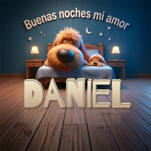 Dos perros de raza de pelaje espeso durmiendo juntos plácidamente en una cama cómoda, sobre ellos la frase 'Buenas noches mi amor' en una pared azul tranquila decorada con estrellas y una pequeña luna, con lámparas laterales cálidas. El nombre está en un prominente texto 3D en el piso de madera frente a la cama. Nombre personalizado: Daniel.