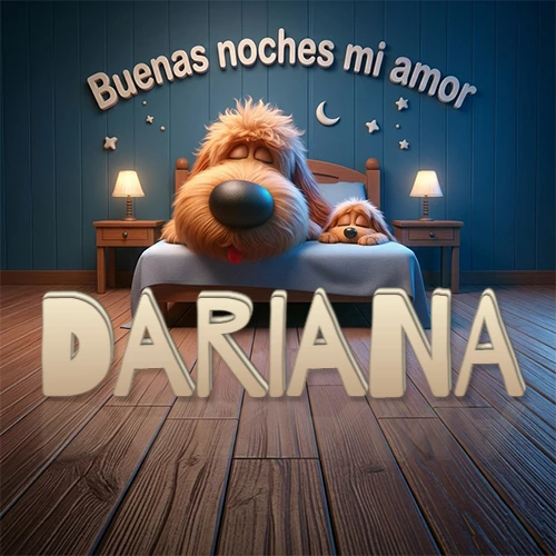 Dos perros de raza de pelaje espeso durmiendo juntos plácidamente en una cama cómoda, sobre ellos la frase 'Buenas noches mi amor' en una pared azul tranquila decorada con estrellas y una pequeña luna, con lámparas laterales cálidas. El nombre está en un prominente texto 3D en el piso de madera frente a la cama. Nombre personalizado: Dariana. Dos perros de raza de pelaje espeso durmiendo juntos plácidamente en una cama cómoda, sobre ellos la frase 'Buenas noches mi amor' en una pared azul tranquila decorada con estrellas y una pequeña luna, con lámparas laterales cálidas. El nombre está en un prominente texto 3D en el piso de madera frente a la cama. Nombre personalizado: Dariana.