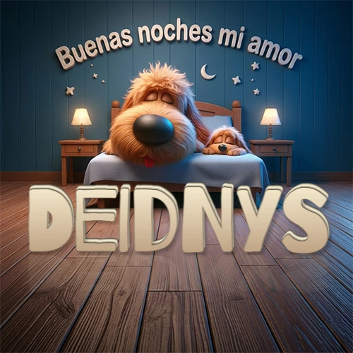 Dos perros de raza de pelaje espeso durmiendo juntos plácidamente en una cama cómoda, sobre ellos la frase 'Buenas noches mi amor' en una pared azul tranquila decorada con estrellas y una pequeña luna, con lámparas laterales cálidas. El nombre está en un prominente texto 3D en el piso de madera frente a la cama. Nombre personalizado: Deidnys. Dos perros de raza de pelaje espeso durmiendo juntos plácidamente en una cama cómoda, sobre ellos la frase 'Buenas noches mi amor' en una pared azul tranquila decorada con estrellas y una pequeña luna, con lámparas laterales cálidas. El nombre está en un prominente texto 3D en el piso de madera frente a la cama. Nombre personalizado: Deidnys.