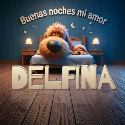Dos perros de raza de pelaje espeso durmiendo juntos plácidamente en una cama cómoda, sobre ellos la frase 'Buenas noches mi amor' en una pared azul tranquila decorada con estrellas y una pequeña luna, con lámparas laterales cálidas. El nombre está en un prominente texto 3D en el piso de madera frente a la cama. Nombre personalizado: Delfina. Dos perros de raza de pelaje espeso durmiendo juntos plácidamente en una cama cómoda, sobre ellos la frase 'Buenas noches mi amor' en una pared azul tranquila decorada con estrellas y una pequeña luna, con lámparas laterales cálidas. El nombre está en un prominente texto 3D en el piso de madera frente a la cama. Nombre personalizado: Delfina.