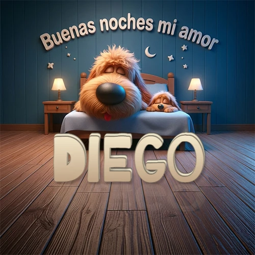 Dos perros de raza de pelaje espeso durmiendo juntos plácidamente en una cama cómoda, sobre ellos la frase 'Buenas noches mi amor' en una pared azul tranquila decorada con estrellas y una pequeña luna, con lámparas laterales cálidas. El nombre está en un prominente texto 3D en el piso de madera frente a la cama. Nombre personalizado: Diego.