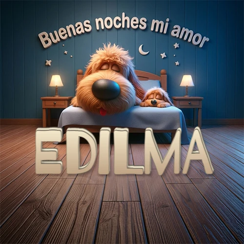 Dos perros de raza de pelaje espeso durmiendo juntos plácidamente en una cama cómoda, sobre ellos la frase 'Buenas noches mi amor' en una pared azul tranquila decorada con estrellas y una pequeña luna, con lámparas laterales cálidas. El nombre está en un prominente texto 3D en el piso de madera frente a la cama. Nombre personalizado: Edilma. Dos perros de raza de pelaje espeso durmiendo juntos plácidamente en una cama cómoda, sobre ellos la frase 'Buenas noches mi amor' en una pared azul tranquila decorada con estrellas y una pequeña luna, con lámparas laterales cálidas. El nombre está en un prominente texto 3D en el piso de madera frente a la cama. Nombre personalizado: Edilma.