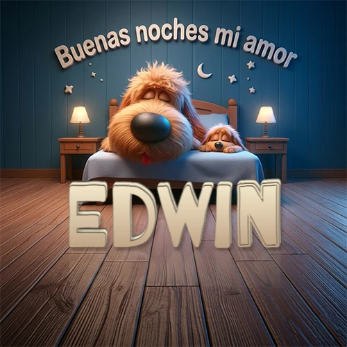 Dos perros de raza de pelaje espeso durmiendo juntos plácidamente en una cama cómoda, sobre ellos la frase 'Buenas noches mi amor' en una pared azul tranquila decorada con estrellas y una pequeña luna, con lámparas laterales cálidas. El nombre está en un prominente texto 3D en el piso de madera frente a la cama. Nombre personalizado: Edwin.