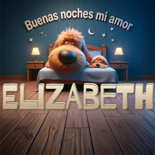 Dos perros de raza de pelaje espeso durmiendo juntos plácidamente en una cama cómoda, sobre ellos la frase 'Buenas noches mi amor' en una pared azul tranquila decorada con estrellas y una pequeña luna, con lámparas laterales cálidas. El nombre está en un prominente texto 3D en el piso de madera frente a la cama. Nombre personalizado: Elizabeth.
