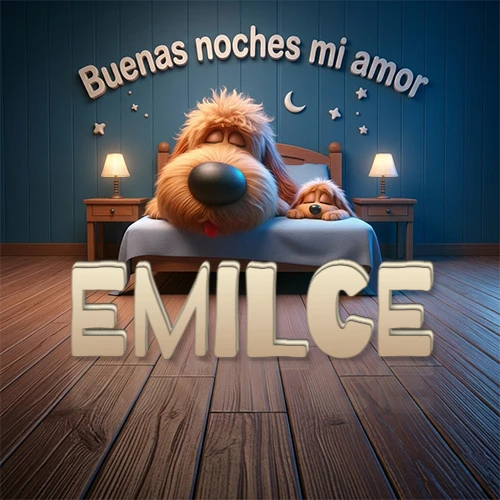 Dos perros de raza de pelaje espeso durmiendo juntos plácidamente en una cama cómoda, sobre ellos la frase 'Buenas noches mi amor' en una pared azul tranquila decorada con estrellas y una pequeña luna, con lámparas laterales cálidas. El nombre está en un prominente texto 3D en el piso de madera frente a la cama. Nombre personalizado: Emilce.