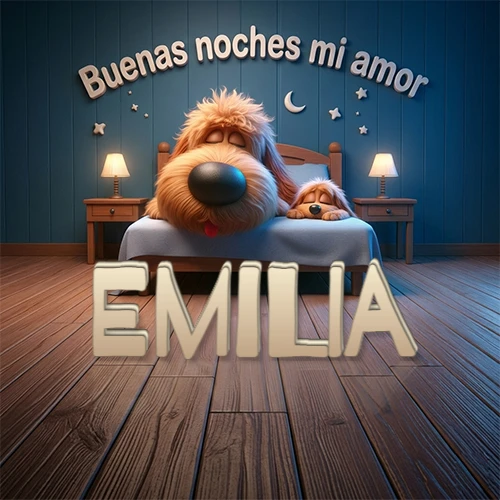 Dos perros de raza de pelaje espeso durmiendo juntos plácidamente en una cama cómoda, sobre ellos la frase 'Buenas noches mi amor' en una pared azul tranquila decorada con estrellas y una pequeña luna, con lámparas laterales cálidas. El nombre está en un prominente texto 3D en el piso de madera frente a la cama. Nombre personalizado: Emilia.