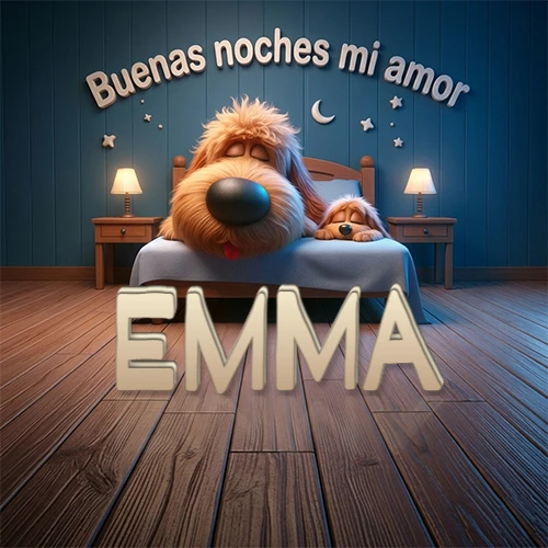 Dos perros de raza de pelaje espeso durmiendo juntos plácidamente en una cama cómoda, sobre ellos la frase 'Buenas noches mi amor' en una pared azul tranquila decorada con estrellas y una pequeña luna, con lámparas laterales cálidas. El nombre está en un prominente texto 3D en el piso de madera frente a la cama. Nombre personalizado: Emma.