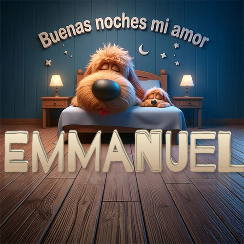 Dos perros de raza de pelaje espeso durmiendo juntos plácidamente en una cama cómoda, sobre ellos la frase 'Buenas noches mi amor' en una pared azul tranquila decorada con estrellas y una pequeña luna, con lámparas laterales cálidas. El nombre está en un prominente texto 3D en el piso de madera frente a la cama. Nombre personalizado: Emmanuel.