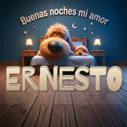 Dos perros de raza de pelaje espeso durmiendo juntos plácidamente en una cama cómoda, sobre ellos la frase 'Buenas noches mi amor' en una pared azul tranquila decorada con estrellas y una pequeña luna, con lámparas laterales cálidas. El nombre está en un prominente texto 3D en el piso de madera frente a la cama. Nombre personalizado: Ernesto.
