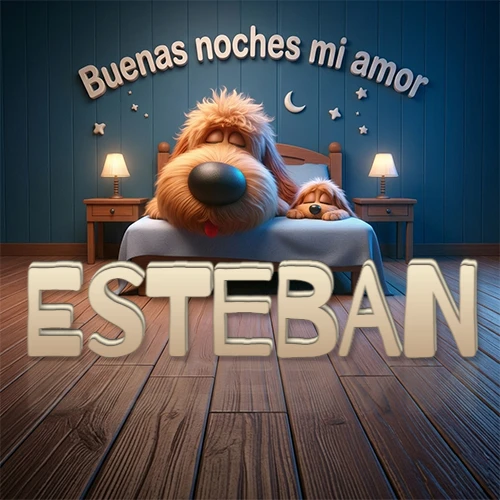 Dos perros de raza de pelaje espeso durmiendo juntos plácidamente en una cama cómoda, sobre ellos la frase 'Buenas noches mi amor' en una pared azul tranquila decorada con estrellas y una pequeña luna, con lámparas laterales cálidas. El nombre está en un prominente texto 3D en el piso de madera frente a la cama. Nombre personalizado: Esteban.