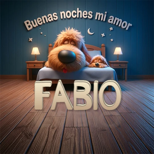 Dos perros de raza de pelaje espeso durmiendo juntos plácidamente en una cama cómoda, sobre ellos la frase 'Buenas noches mi amor' en una pared azul tranquila decorada con estrellas y una pequeña luna, con lámparas laterales cálidas. El nombre está en un prominente texto 3D en el piso de madera frente a la cama. Nombre personalizado: Fabio.