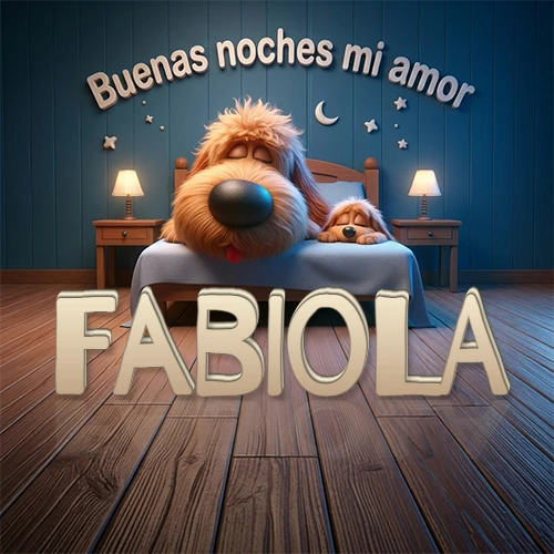 Dos perros de raza de pelaje espeso durmiendo juntos plácidamente en una cama cómoda, sobre ellos la frase 'Buenas noches mi amor' en una pared azul tranquila decorada con estrellas y una pequeña luna, con lámparas laterales cálidas. El nombre está en un prominente texto 3D en el piso de madera frente a la cama. Nombre personalizado: Fabiola.