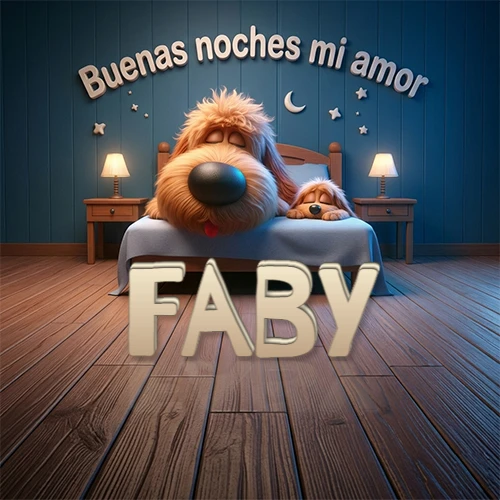 Dos perros de raza de pelaje espeso durmiendo juntos plácidamente en una cama cómoda, sobre ellos la frase 'Buenas noches mi amor' en una pared azul tranquila decorada con estrellas y una pequeña luna, con lámparas laterales cálidas. El nombre está en un prominente texto 3D en el piso de madera frente a la cama. Nombre personalizado: Faby.