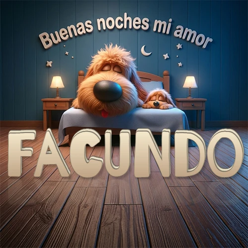 Dos perros de raza de pelaje espeso durmiendo juntos plácidamente en una cama cómoda, sobre ellos la frase 'Buenas noches mi amor' en una pared azul tranquila decorada con estrellas y una pequeña luna, con lámparas laterales cálidas. El nombre está en un prominente texto 3D en el piso de madera frente a la cama. Nombre personalizado: Facundo.