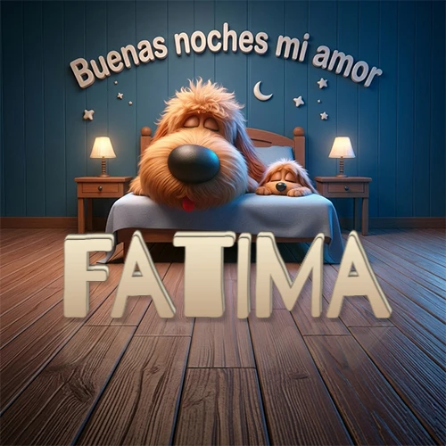 Dos perros de raza de pelaje espeso durmiendo juntos plácidamente en una cama cómoda, sobre ellos la frase 'Buenas noches mi amor' en una pared azul tranquila decorada con estrellas y una pequeña luna, con lámparas laterales cálidas. El nombre está en un prominente texto 3D en el piso de madera frente a la cama. Nombre personalizado: Fatima.