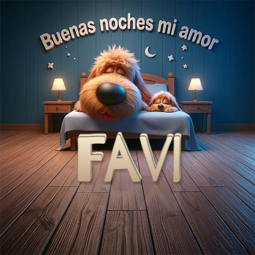 Dos perros de raza de pelaje espeso durmiendo juntos plácidamente en una cama cómoda, sobre ellos la frase 'Buenas noches mi amor' en una pared azul tranquila decorada con estrellas y una pequeña luna, con lámparas laterales cálidas. El nombre está en un prominente texto 3D en el piso de madera frente a la cama. Nombre personalizado: Favi.