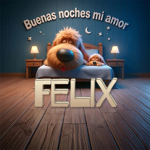 Dos perros de raza de pelaje espeso durmiendo juntos plácidamente en una cama cómoda, sobre ellos la frase 'Buenas noches mi amor' en una pared azul tranquila decorada con estrellas y una pequeña luna, con lámparas laterales cálidas. El nombre está en un prominente texto 3D en el piso de madera frente a la cama. Nombre personalizado: Felix.