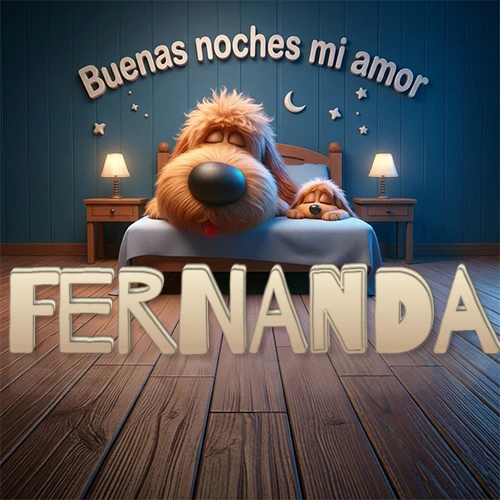 Dos perros de raza de pelaje espeso durmiendo juntos plácidamente en una cama cómoda, sobre ellos la frase 'Buenas noches mi amor' en una pared azul tranquila decorada con estrellas y una pequeña luna, con lámparas laterales cálidas. El nombre está en un prominente texto 3D en el piso de madera frente a la cama. Nombre personalizado: Fernanda.