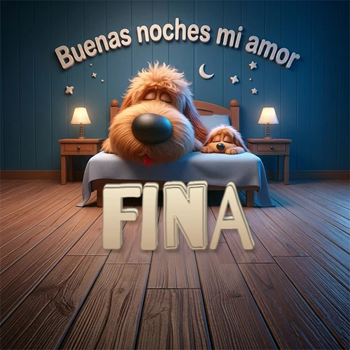 Dos perros de raza de pelaje espeso durmiendo juntos plácidamente en una cama cómoda, sobre ellos la frase 'Buenas noches mi amor' en una pared azul tranquila decorada con estrellas y una pequeña luna, con lámparas laterales cálidas. El nombre está en un prominente texto 3D en el piso de madera frente a la cama. Nombre personalizado: Fina.
