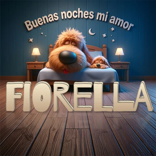 Dos perros de raza de pelaje espeso durmiendo juntos plácidamente en una cama cómoda, sobre ellos la frase 'Buenas noches mi amor' en una pared azul tranquila decorada con estrellas y una pequeña luna, con lámparas laterales cálidas. El nombre está en un prominente texto 3D en el piso de madera frente a la cama. Nombre personalizado: Fiorella.
