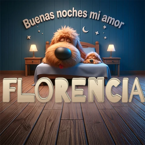 Dos perros de raza de pelaje espeso durmiendo juntos plácidamente en una cama cómoda, sobre ellos la frase 'Buenas noches mi amor' en una pared azul tranquila decorada con estrellas y una pequeña luna, con lámparas laterales cálidas. El nombre está en un prominente texto 3D en el piso de madera frente a la cama. Nombre personalizado: Florencia.