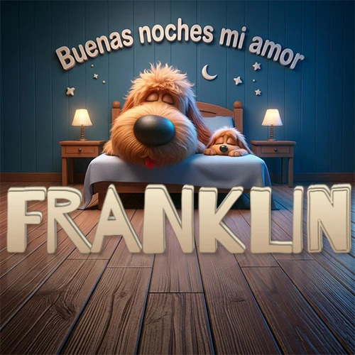Dos perros de raza de pelaje espeso durmiendo juntos plácidamente en una cama cómoda, sobre ellos la frase 'Buenas noches mi amor' en una pared azul tranquila decorada con estrellas y una pequeña luna, con lámparas laterales cálidas. El nombre está en un prominente texto 3D en el piso de madera frente a la cama. Nombre personalizado: Franklin.