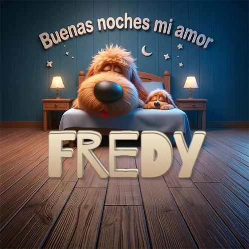 Dos perros de raza de pelaje espeso durmiendo juntos plácidamente en una cama cómoda, sobre ellos la frase 'Buenas noches mi amor' en una pared azul tranquila decorada con estrellas y una pequeña luna, con lámparas laterales cálidas. El nombre está en un prominente texto 3D en el piso de madera frente a la cama. Nombre personalizado: Fredy.