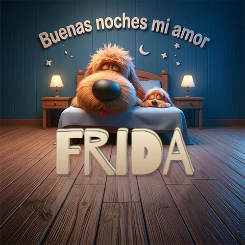 Dos perros de raza de pelaje espeso durmiendo juntos plácidamente en una cama cómoda, sobre ellos la frase 'Buenas noches mi amor' en una pared azul tranquila decorada con estrellas y una pequeña luna, con lámparas laterales cálidas. El nombre está en un prominente texto 3D en el piso de madera frente a la cama. Nombre personalizado: Frida.
