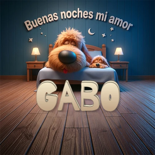 Dos perros de raza de pelaje espeso durmiendo juntos plácidamente en una cama cómoda, sobre ellos la frase 'Buenas noches mi amor' en una pared azul tranquila decorada con estrellas y una pequeña luna, con lámparas laterales cálidas. El nombre está en un prominente texto 3D en el piso de madera frente a la cama. Nombre personalizado: Gabo.