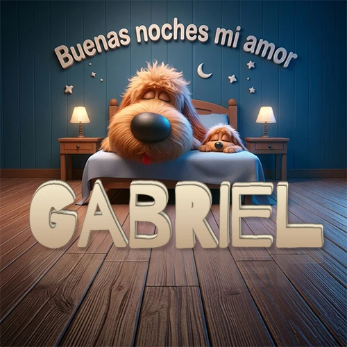 Dos perros de raza de pelaje espeso durmiendo juntos plácidamente en una cama cómoda, sobre ellos la frase 'Buenas noches mi amor' en una pared azul tranquila decorada con estrellas y una pequeña luna, con lámparas laterales cálidas. El nombre está en un prominente texto 3D en el piso de madera frente a la cama. Nombre personalizado: Gabriel.