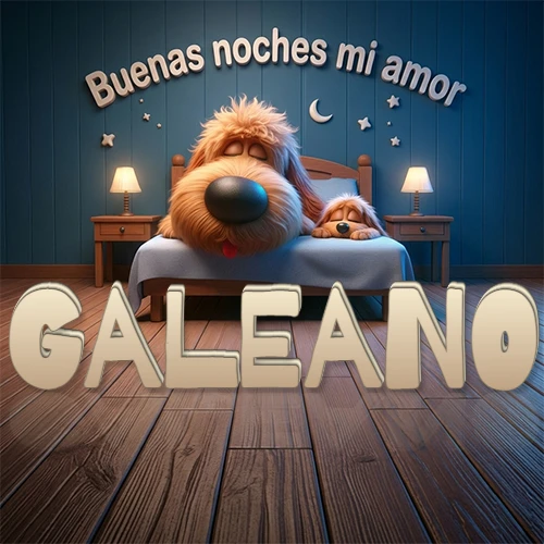 Dos perros de raza de pelaje espeso durmiendo juntos plácidamente en una cama cómoda, sobre ellos la frase 'Buenas noches mi amor' en una pared azul tranquila decorada con estrellas y una pequeña luna, con lámparas laterales cálidas. El nombre está en un prominente texto 3D en el piso de madera frente a la cama. Nombre personalizado: Galeano.