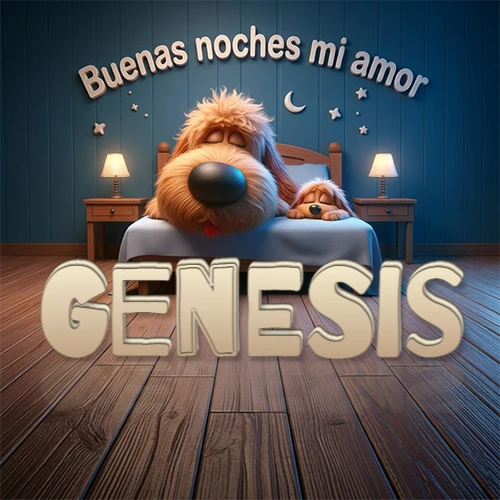 Dos perros de raza de pelaje espeso durmiendo juntos plácidamente en una cama cómoda, sobre ellos la frase 'Buenas noches mi amor' en una pared azul tranquila decorada con estrellas y una pequeña luna, con lámparas laterales cálidas. El nombre está en un prominente texto 3D en el piso de madera frente a la cama. Nombre personalizado: Genesis.