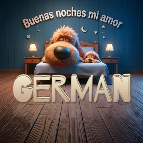 Dos perros de raza de pelaje espeso durmiendo juntos plácidamente en una cama cómoda, sobre ellos la frase 'Buenas noches mi amor' en una pared azul tranquila decorada con estrellas y una pequeña luna, con lámparas laterales cálidas. El nombre está en un prominente texto 3D en el piso de madera frente a la cama. Nombre personalizado: German.