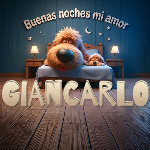Dos perros de raza de pelaje espeso durmiendo juntos plácidamente en una cama cómoda, sobre ellos la frase 'Buenas noches mi amor' en una pared azul tranquila decorada con estrellas y una pequeña luna, con lámparas laterales cálidas. El nombre está en un prominente texto 3D en el piso de madera frente a la cama. Nombre personalizado: Giancarlo.