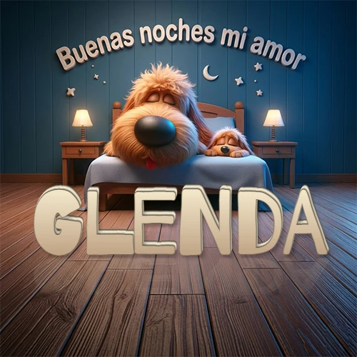Dos perros de raza de pelaje espeso durmiendo juntos plácidamente en una cama cómoda, sobre ellos la frase 'Buenas noches mi amor' en una pared azul tranquila decorada con estrellas y una pequeña luna, con lámparas laterales cálidas. El nombre está en un prominente texto 3D en el piso de madera frente a la cama. Nombre personalizado: Glenda.