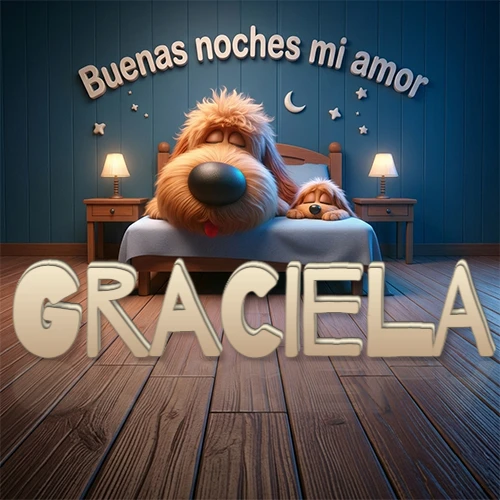 Dos perros de raza de pelaje espeso durmiendo juntos plácidamente en una cama cómoda, sobre ellos la frase 'Buenas noches mi amor' en una pared azul tranquila decorada con estrellas y una pequeña luna, con lámparas laterales cálidas. El nombre está en un prominente texto 3D en el piso de madera frente a la cama. Nombre personalizado: Graciela.