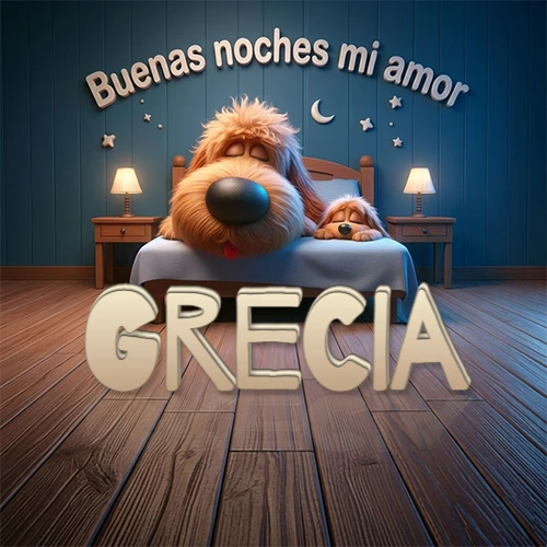 Dos perros de raza de pelaje espeso durmiendo juntos plácidamente en una cama cómoda, sobre ellos la frase 'Buenas noches mi amor' en una pared azul tranquila decorada con estrellas y una pequeña luna, con lámparas laterales cálidas. El nombre está en un prominente texto 3D en el piso de madera frente a la cama. Nombre personalizado: Grecia.