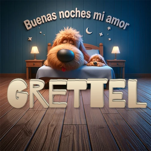 Dos perros de raza de pelaje espeso durmiendo juntos plácidamente en una cama cómoda, sobre ellos la frase 'Buenas noches mi amor' en una pared azul tranquila decorada con estrellas y una pequeña luna, con lámparas laterales cálidas. El nombre está en un prominente texto 3D en el piso de madera frente a la cama. Nombre personalizado: Grettel.