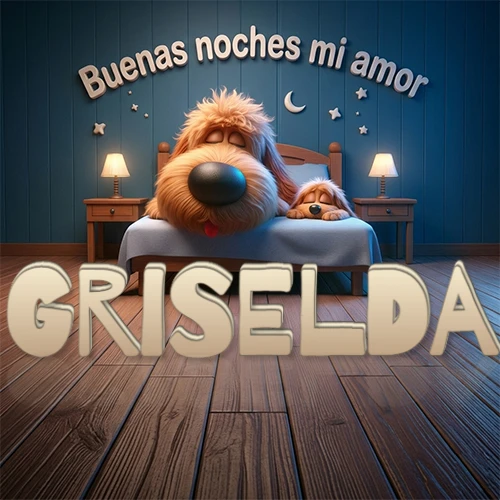 Dos perros de raza de pelaje espeso durmiendo juntos plácidamente en una cama cómoda, sobre ellos la frase 'Buenas noches mi amor' en una pared azul tranquila decorada con estrellas y una pequeña luna, con lámparas laterales cálidas. El nombre está en un prominente texto 3D en el piso de madera frente a la cama. Nombre personalizado: Griselda.