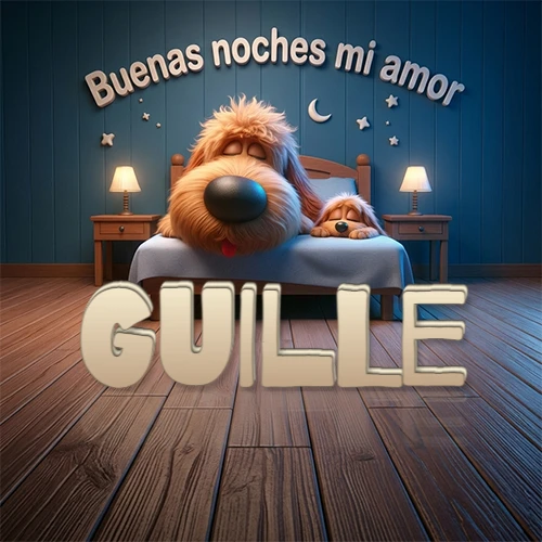 Dos perros de raza de pelaje espeso durmiendo juntos plácidamente en una cama cómoda, sobre ellos la frase 'Buenas noches mi amor' en una pared azul tranquila decorada con estrellas y una pequeña luna, con lámparas laterales cálidas. El nombre está en un prominente texto 3D en el piso de madera frente a la cama. Nombre personalizado: Guille.