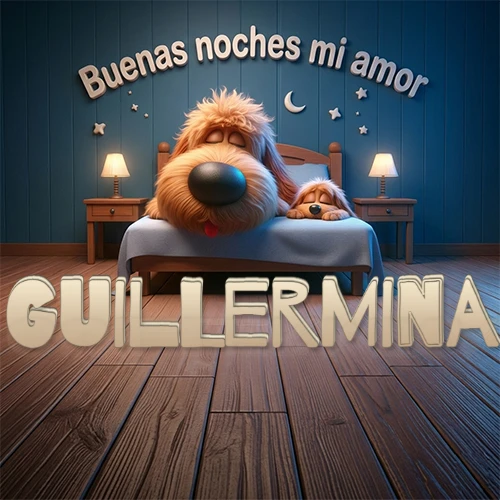 Dos perros de raza de pelaje espeso durmiendo juntos plácidamente en una cama cómoda, sobre ellos la frase 'Buenas noches mi amor' en una pared azul tranquila decorada con estrellas y una pequeña luna, con lámparas laterales cálidas. El nombre está en un prominente texto 3D en el piso de madera frente a la cama. Nombre personalizado: Guillermina.