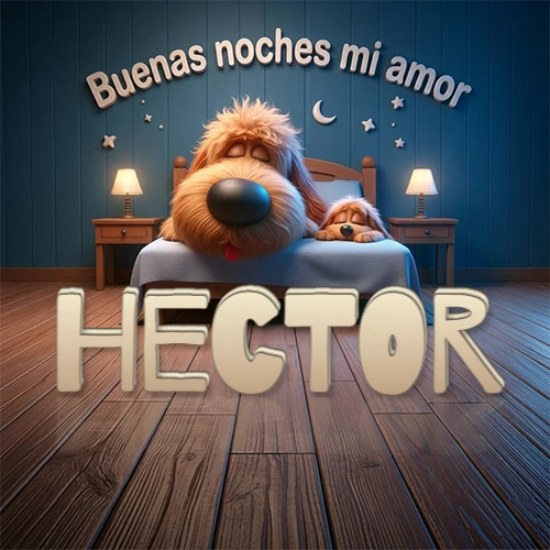 Dos perros de raza de pelaje espeso durmiendo juntos plácidamente en una cama cómoda, sobre ellos la frase 'Buenas noches mi amor' en una pared azul tranquila decorada con estrellas y una pequeña luna, con lámparas laterales cálidas. El nombre está en un prominente texto 3D en el piso de madera frente a la cama. Nombre personalizado: Hector.