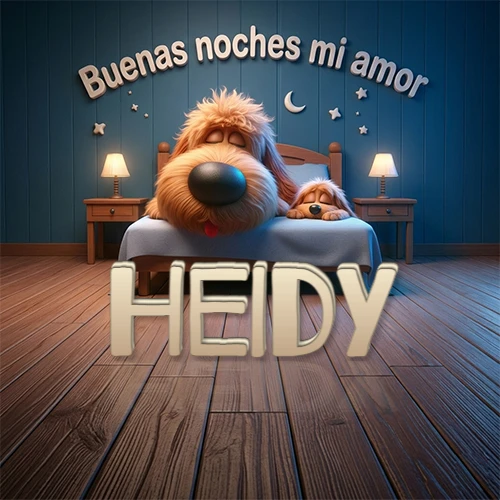 Dos perros de raza de pelaje espeso durmiendo juntos plácidamente en una cama cómoda, sobre ellos la frase 'Buenas noches mi amor' en una pared azul tranquila decorada con estrellas y una pequeña luna, con lámparas laterales cálidas. El nombre está en un prominente texto 3D en el piso de madera frente a la cama. Nombre personalizado: Heidy.