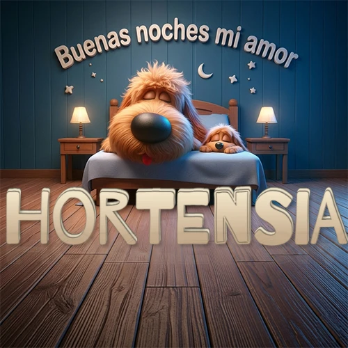 Dos perros de raza de pelaje espeso durmiendo juntos plácidamente en una cama cómoda, sobre ellos la frase 'Buenas noches mi amor' en una pared azul tranquila decorada con estrellas y una pequeña luna, con lámparas laterales cálidas. El nombre está en un prominente texto 3D en el piso de madera frente a la cama. Nombre personalizado: Hortensia.