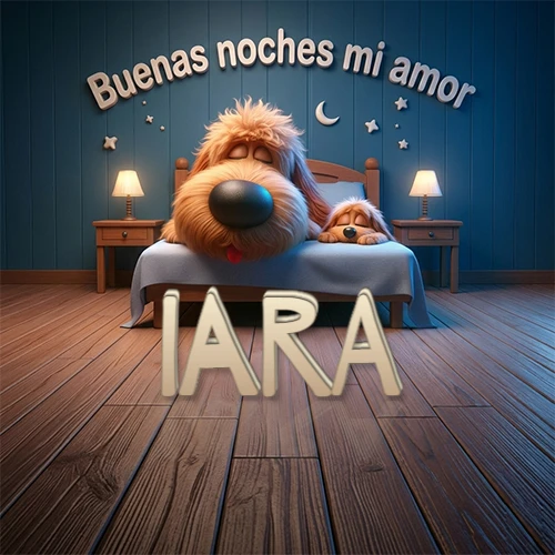 Dos perros de raza de pelaje espeso durmiendo juntos plácidamente en una cama cómoda, sobre ellos la frase 'Buenas noches mi amor' en una pared azul tranquila decorada con estrellas y una pequeña luna, con lámparas laterales cálidas. El nombre está en un prominente texto 3D en el piso de madera frente a la cama. Nombre personalizado: Iara.
