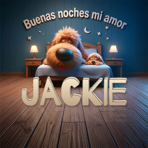 Dos perros de raza de pelaje espeso durmiendo juntos plácidamente en una cama cómoda, sobre ellos la frase 'Buenas noches mi amor' en una pared azul tranquila decorada con estrellas y una pequeña luna, con lámparas laterales cálidas. El nombre está en un prominente texto 3D en el piso de madera frente a la cama. Nombre personalizado: Jackie.
