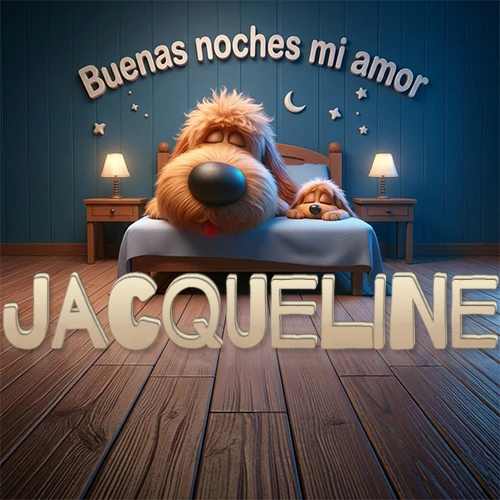 Dos perros de raza de pelaje espeso durmiendo juntos plácidamente en una cama cómoda, sobre ellos la frase 'Buenas noches mi amor' en una pared azul tranquila decorada con estrellas y una pequeña luna, con lámparas laterales cálidas. El nombre está en un prominente texto 3D en el piso de madera frente a la cama. Nombre personalizado: Jacqueline.