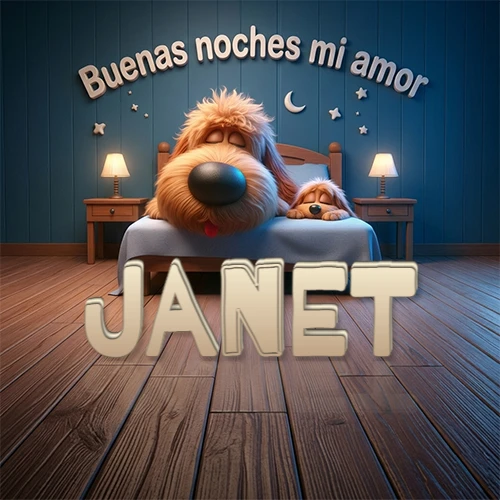 Dos perros de raza de pelaje espeso durmiendo juntos plácidamente en una cama cómoda, sobre ellos la frase 'Buenas noches mi amor' en una pared azul tranquila decorada con estrellas y una pequeña luna, con lámparas laterales cálidas. El nombre está en un prominente texto 3D en el piso de madera frente a la cama. Nombre personalizado: Janet.