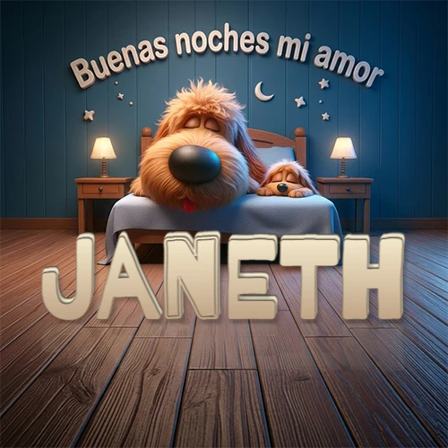 Dos perros de raza de pelaje espeso durmiendo juntos plácidamente en una cama cómoda, sobre ellos la frase 'Buenas noches mi amor' en una pared azul tranquila decorada con estrellas y una pequeña luna, con lámparas laterales cálidas. El nombre está en un prominente texto 3D en el piso de madera frente a la cama. Nombre personalizado: Janeth.